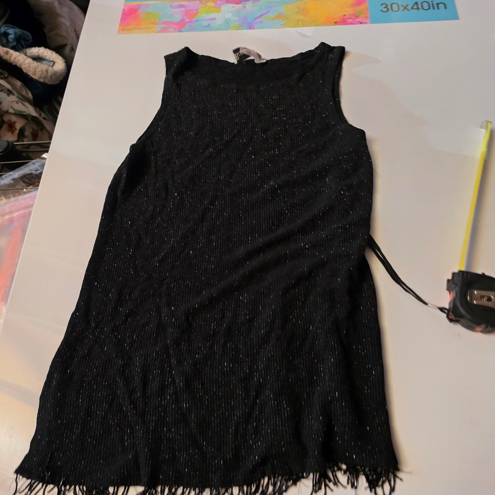 Ronni Nicole Black Metallic Knit Sleeveless Top Beaded Fringe Hem Womens Medium